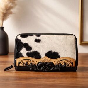 New Myra Bag boho Hand-tooled Leather Wallet Floral zip top cowhide black white